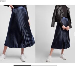 Navy High Waisted Pleated Satin Midi Skirt-Small